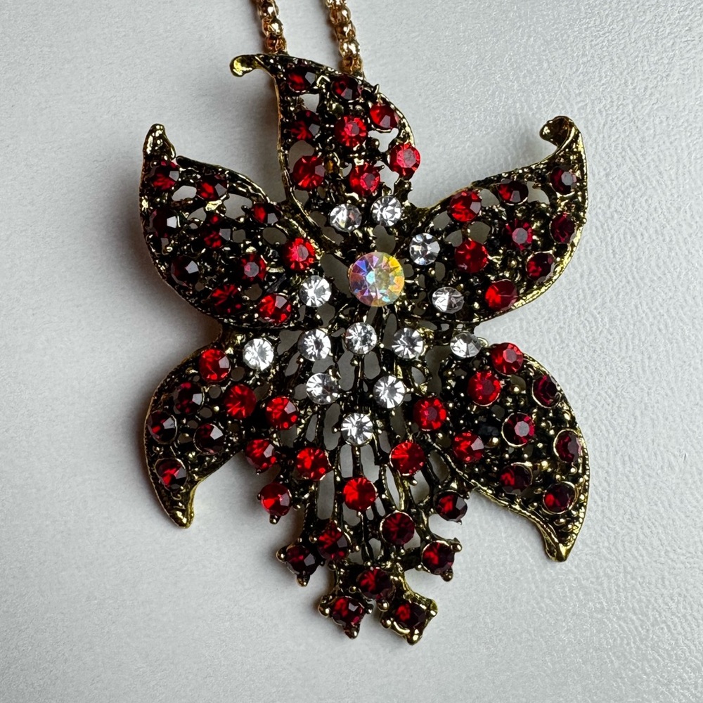 Betsey Johnson Red & Gold Fire Lily Flower Necklace Pendant | NWT